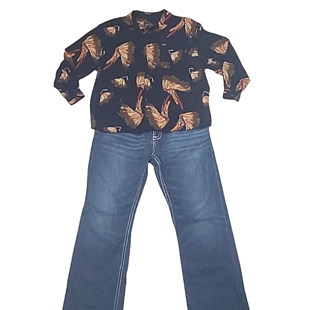 Vintage Guess Rayon Shirt Native American Graphic Print Collared Long Sleeve Top